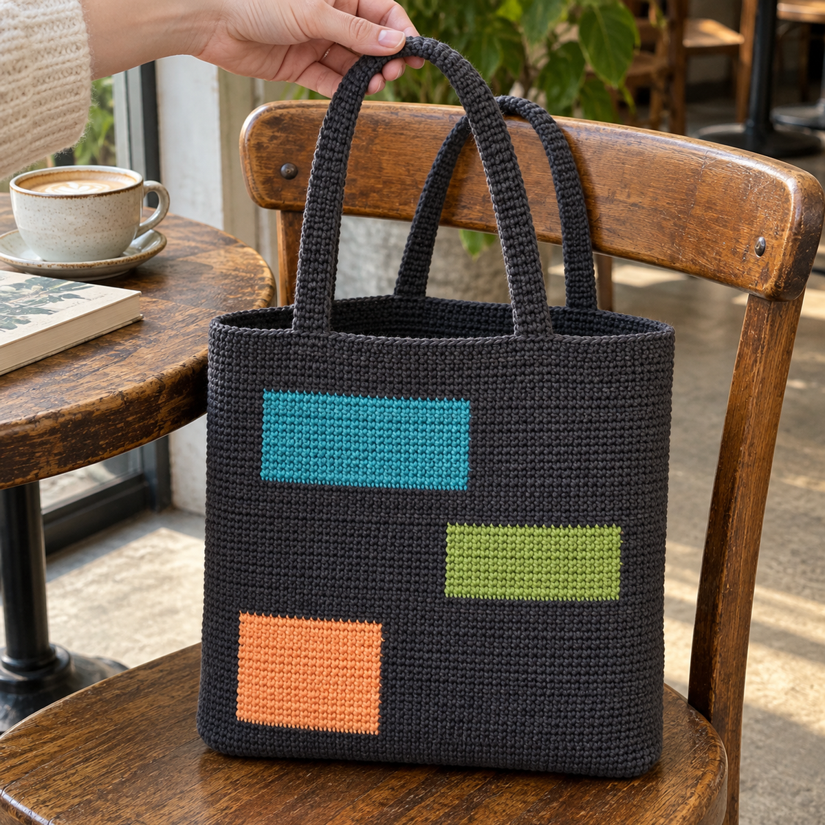 Charcoal Colour Block crochet tote on a wooden café chair, with separate front and back handles, beside a book and coffee.