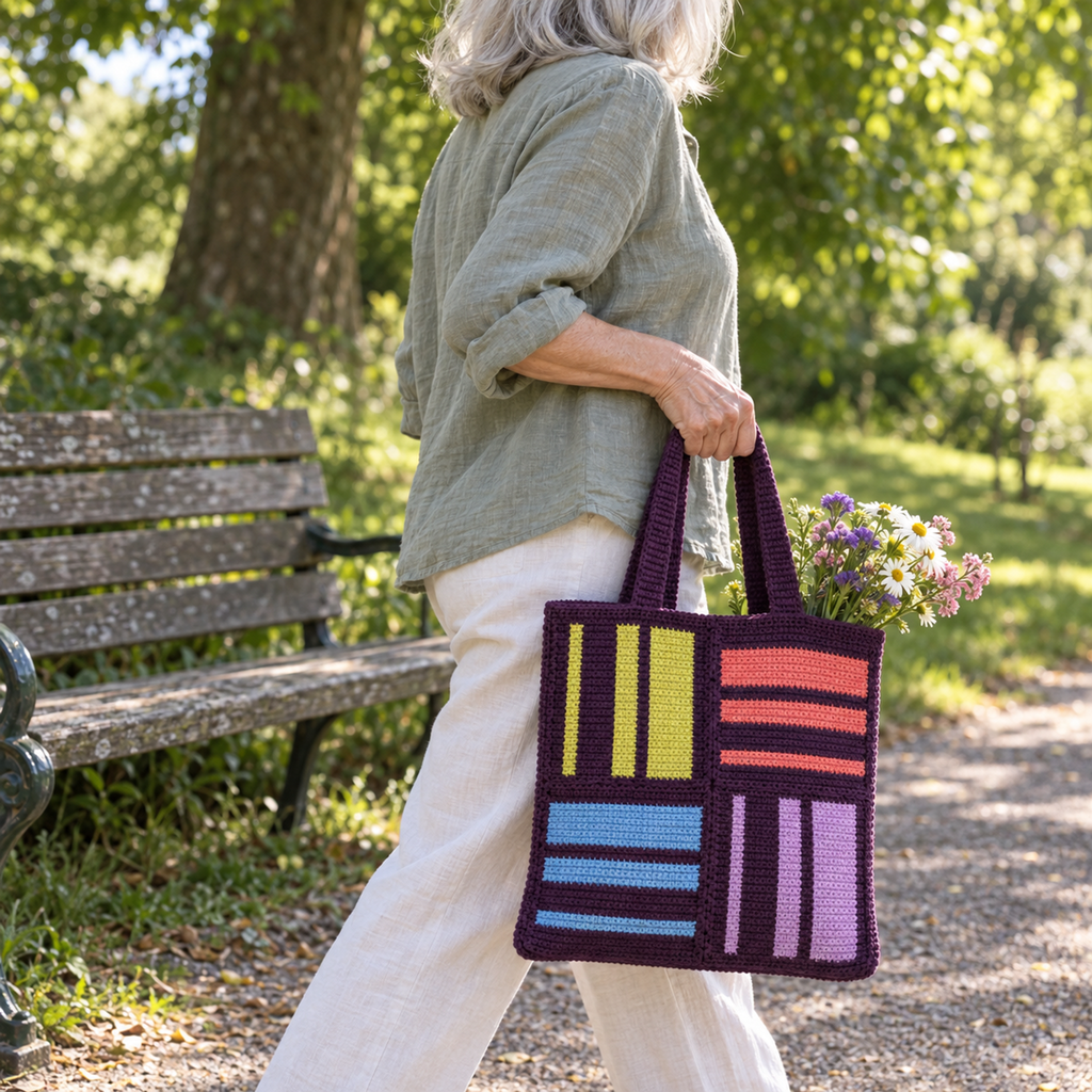 Plum striped patchwork tote carried by hand with flowers beside a park bench.