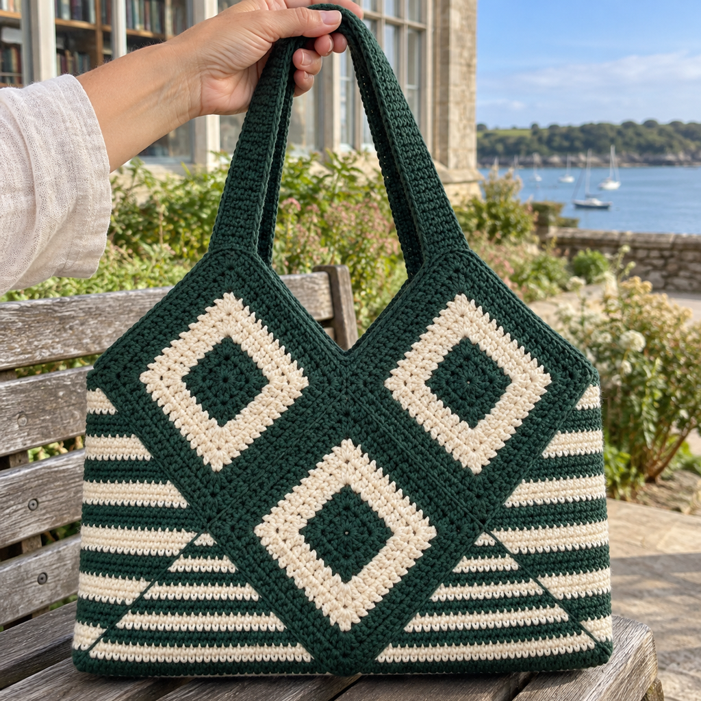 Close view of Forest and Chalk granny diamonds and striped triangle fillers, with a hand holding the crochet handle.