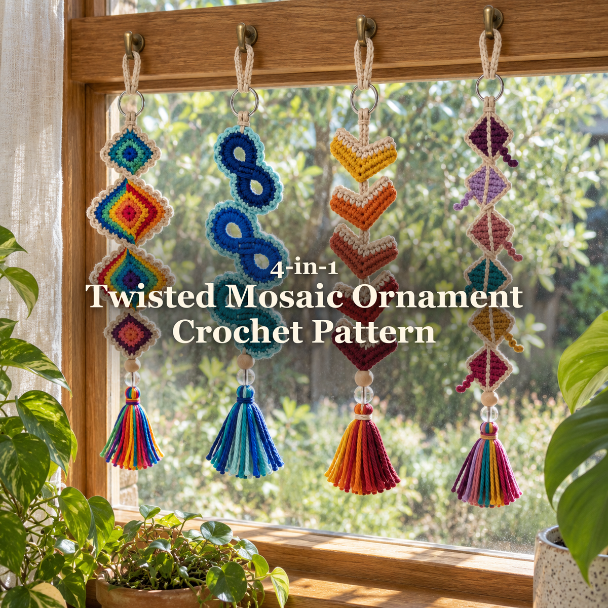 Four colourful crochet mosaic ornaments with tassels hanging in a window among houseplants: 4-in-1 Twisted Mosaic Ornament Crochet Pattern