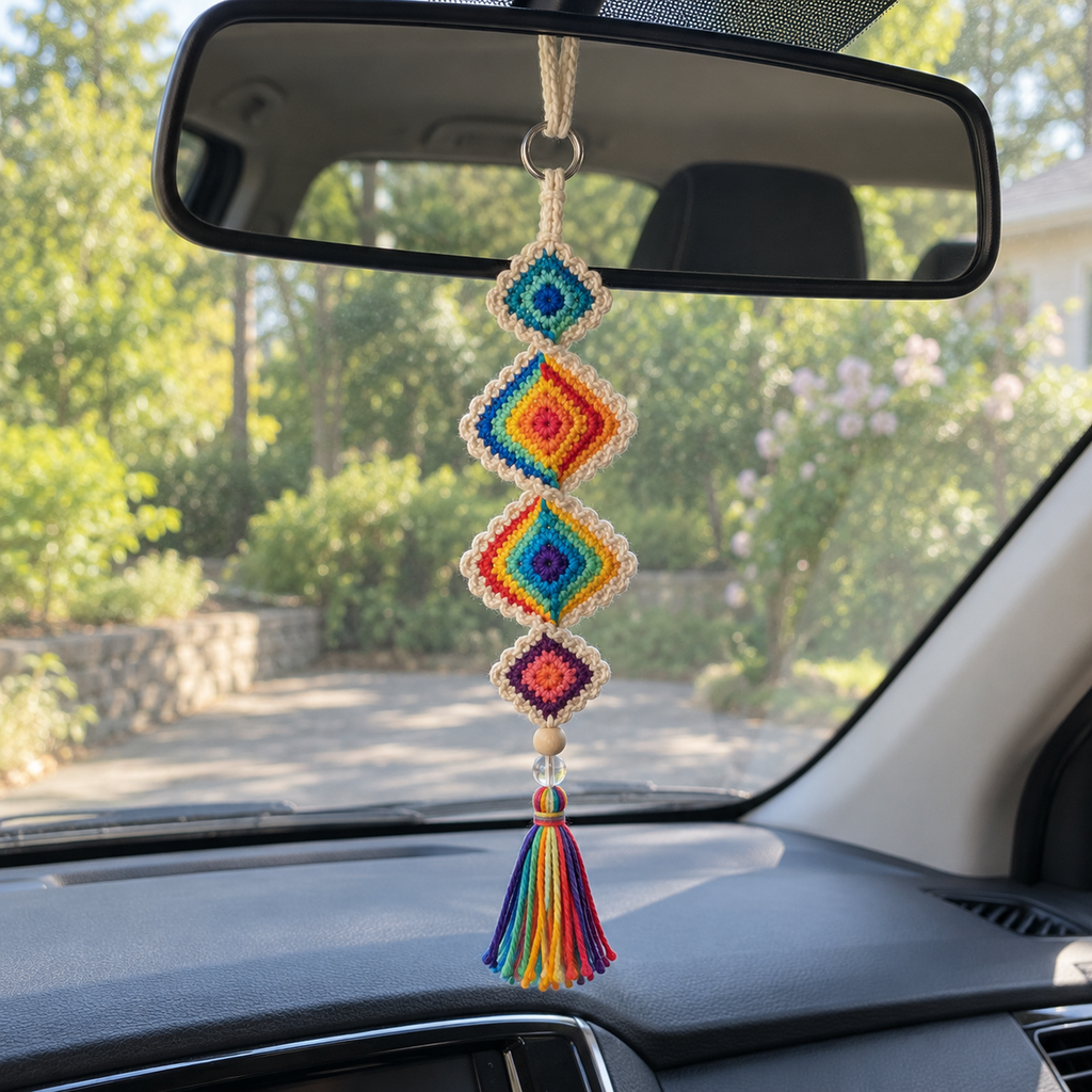 A rainbow Fiesta Diamond crochet ornament hanging from a car rear-view mirror.