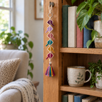 A Jewel Kite crochet ornament hanging from a wooden bookshelf.