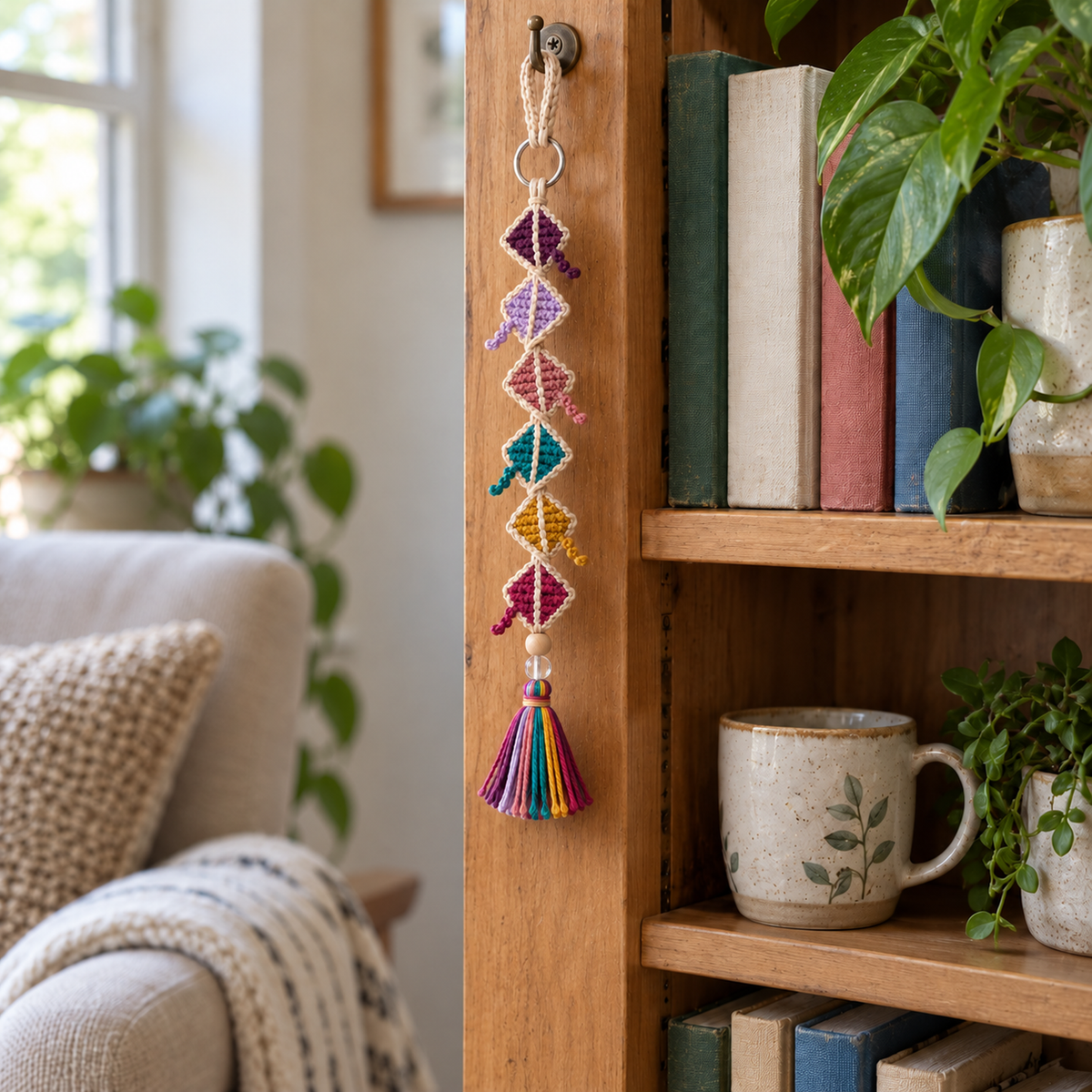 A Jewel Kite crochet ornament hanging from a wooden bookshelf.