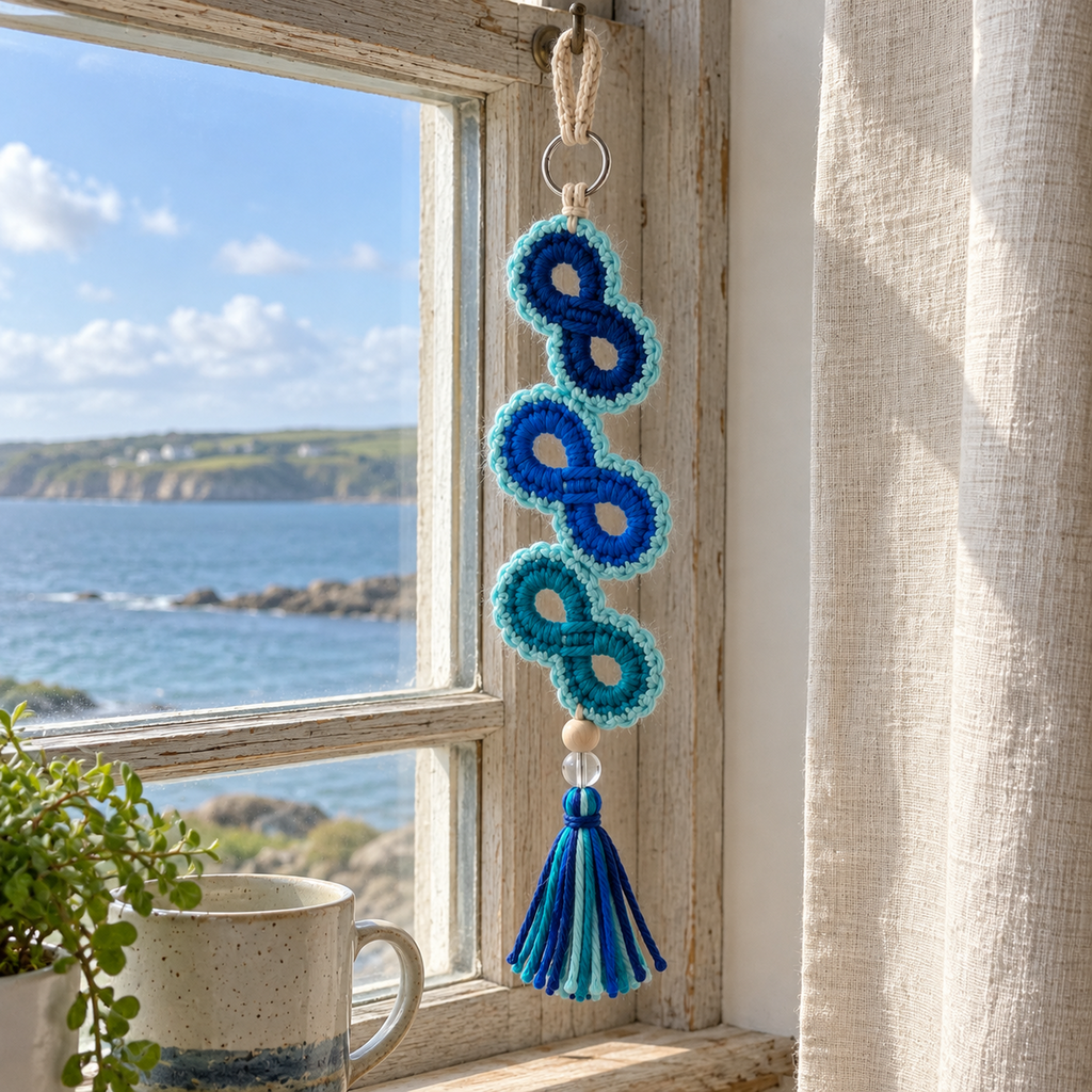 A blue and teal Ocean Infinity crochet ornament hanging in a coastal window.