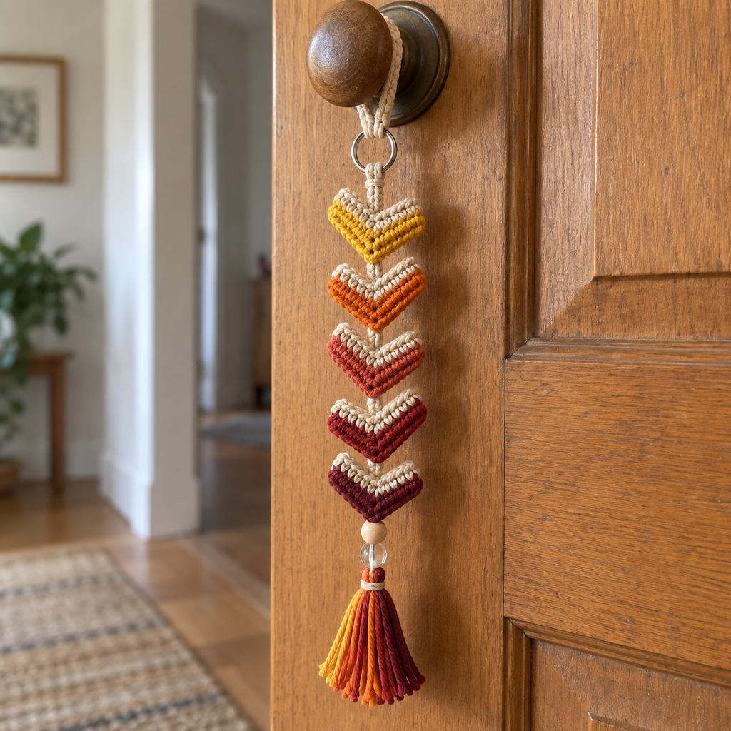 A Sunset Chevron crochet ornament hanging from a wooden door handle.