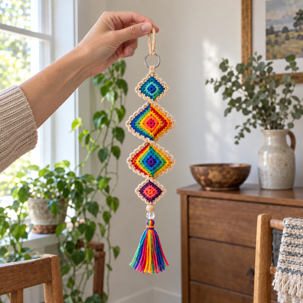 An adult hand holding a rainbow Fiesta Diamond crochet ornament by its loop.