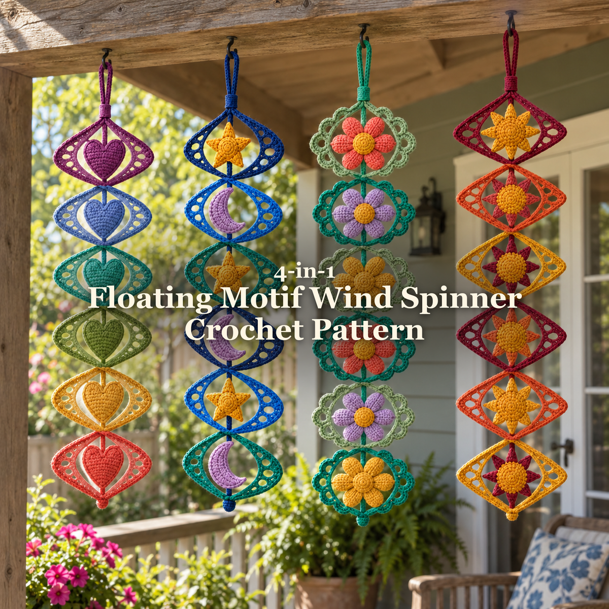 Four crochet wind spinners with heart, celestial, daisy and sun motifs hanging beneath a sunny porch beam: 4-in-1 Floating Motif Wind Spinner Crochet Pattern
