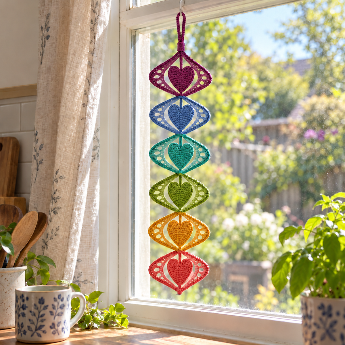 A rainbow crochet wind spinner with six matching hearts hangs in a bright kitchen window beside a linen curtain, plants and a floral mug.