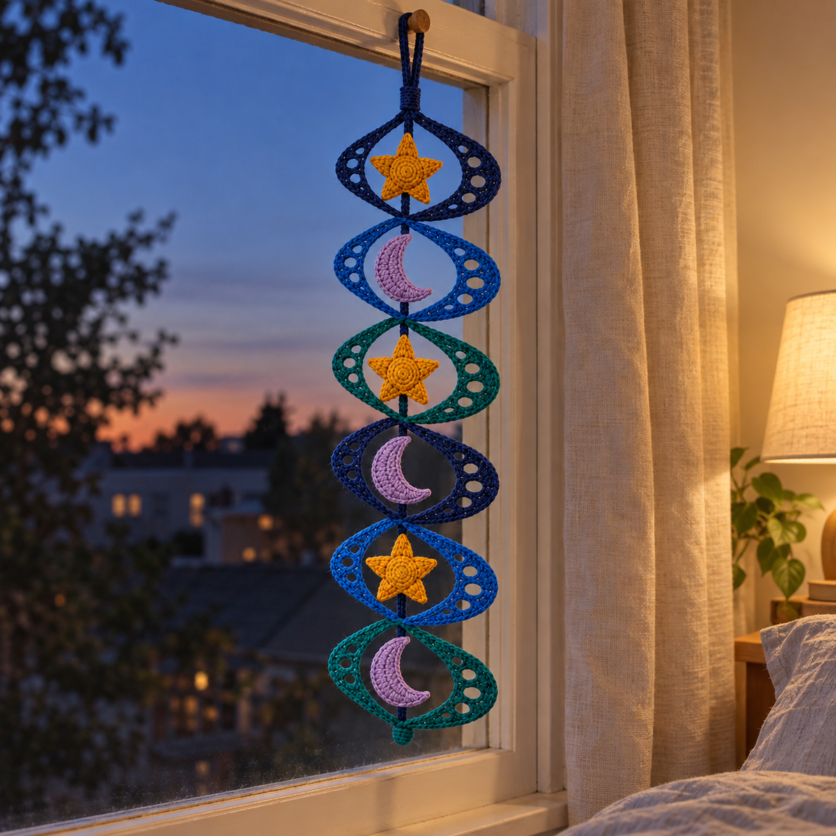 A navy, blue and teal crochet wind spinner with alternating gold stars and lilac crescent moons hangs by a bedroom window at dusk.