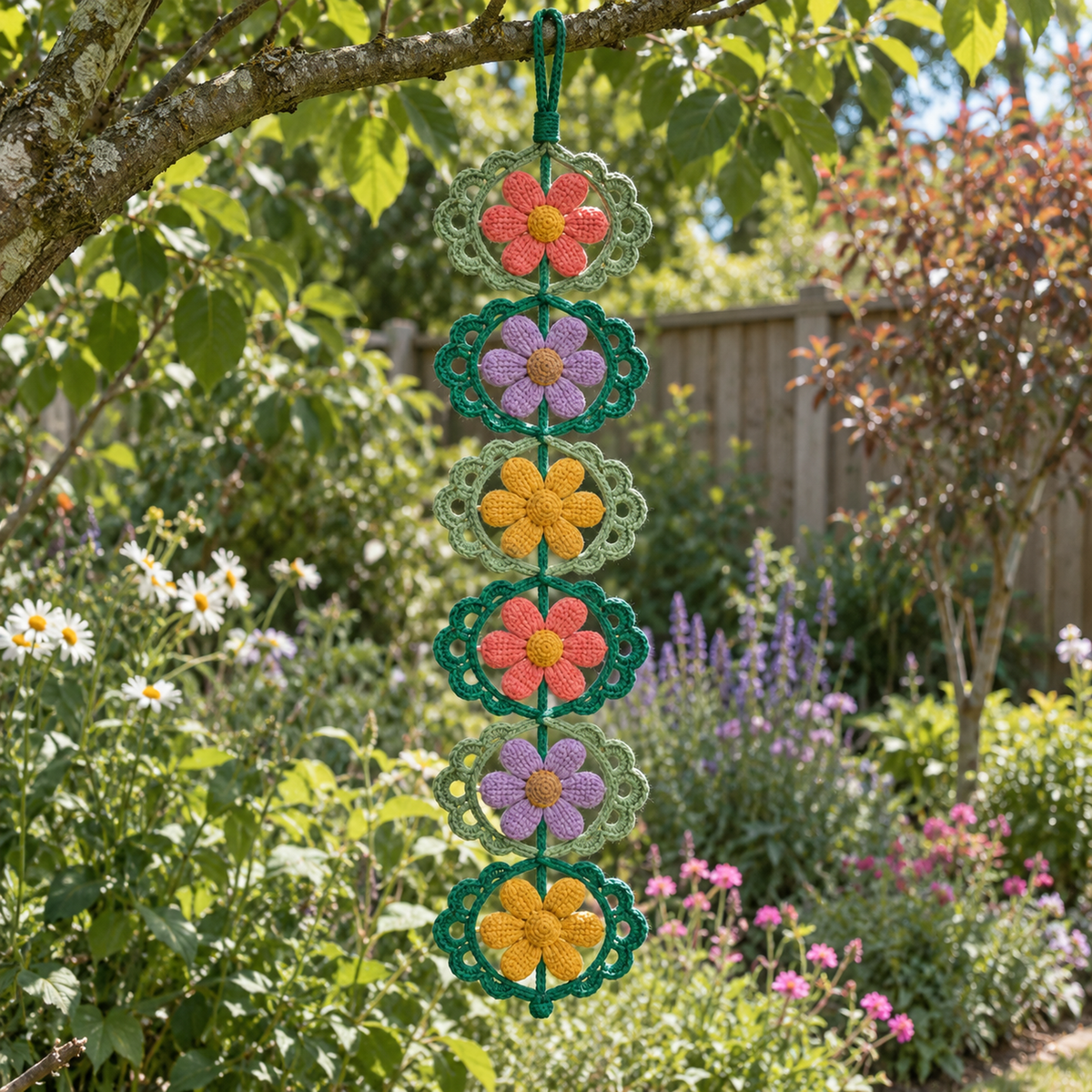 A green scalloped crochet wind spinner with coral, lavender and yellow daisies hangs from a tree branch above a flower garden.