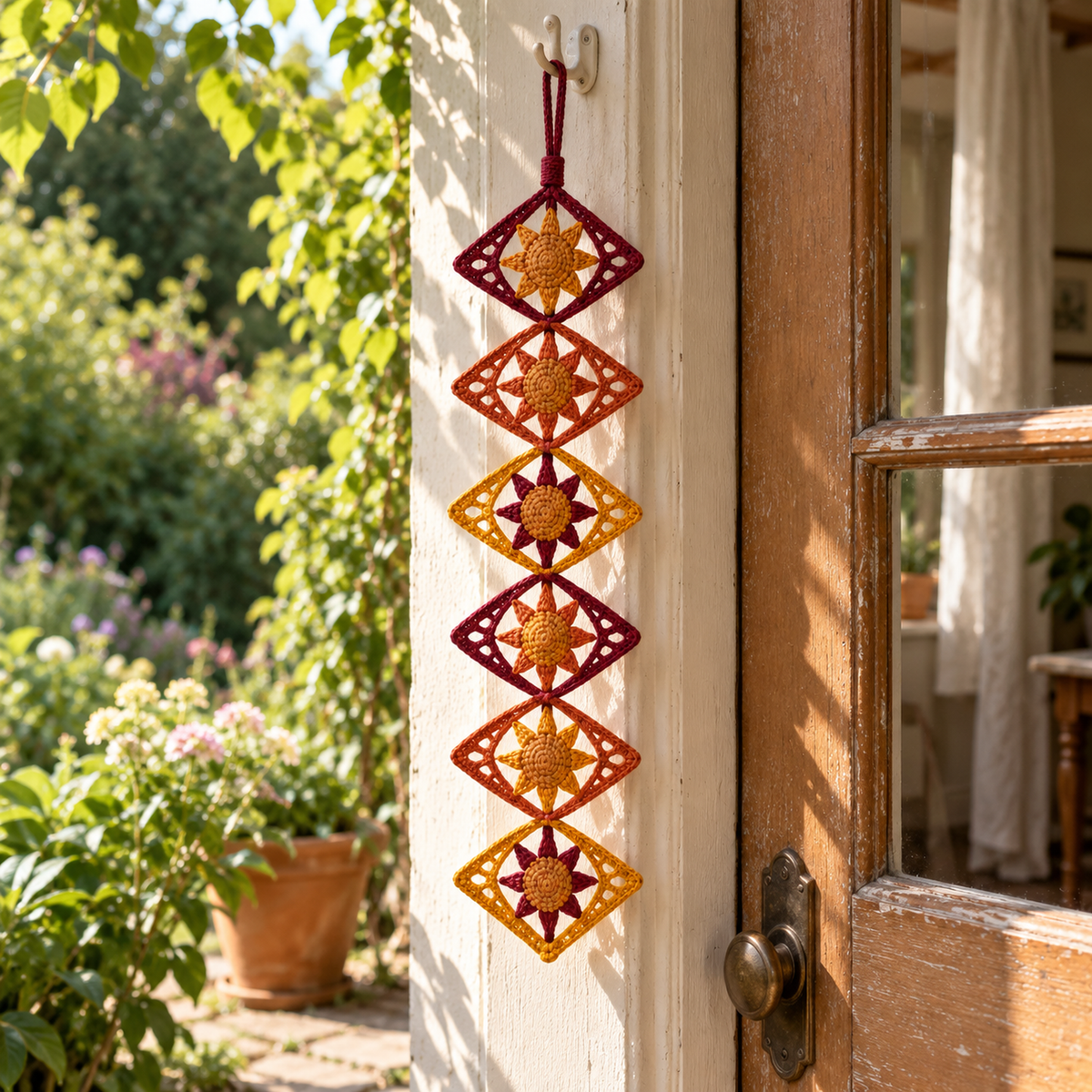 A burgundy, orange and gold crochet wind spinner with pointed sun motifs hangs from a hook beside a sunlit wooden garden door.