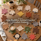 Twenty-one animal crochet coasters arranged on a wooden dining table with coffee mugs, with the Mug Buddies Animal Coaster Crochet Pattern title.