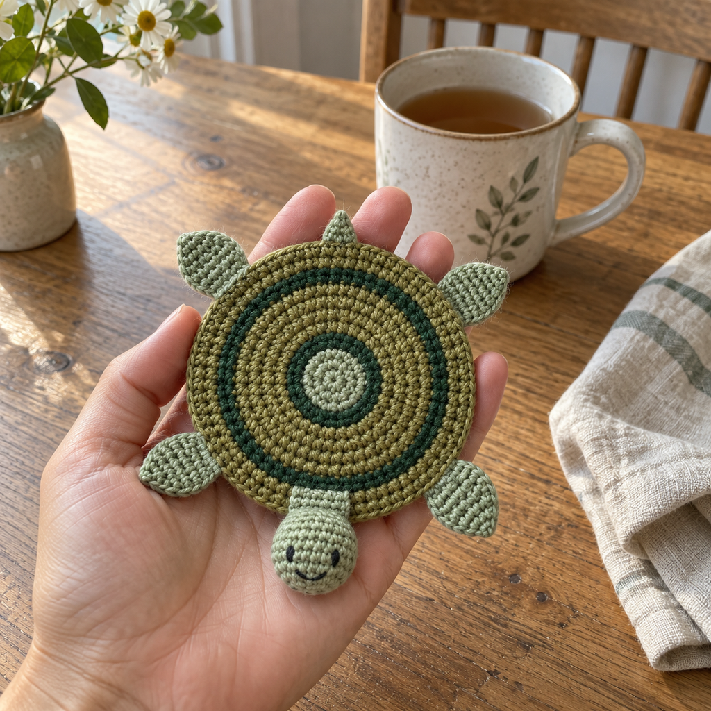 An adult hand holding a green turtle crochet coaster above a wooden table beside a mug of tea.