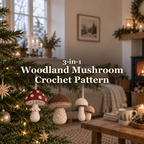Three woodland crochet mushroom ornaments hanging on a Christmas tree: a red toadstool, a brown porcini and a joined cream-and-tan button mushroom pair, with the Woodland Mushroom Crochet Pattern title.