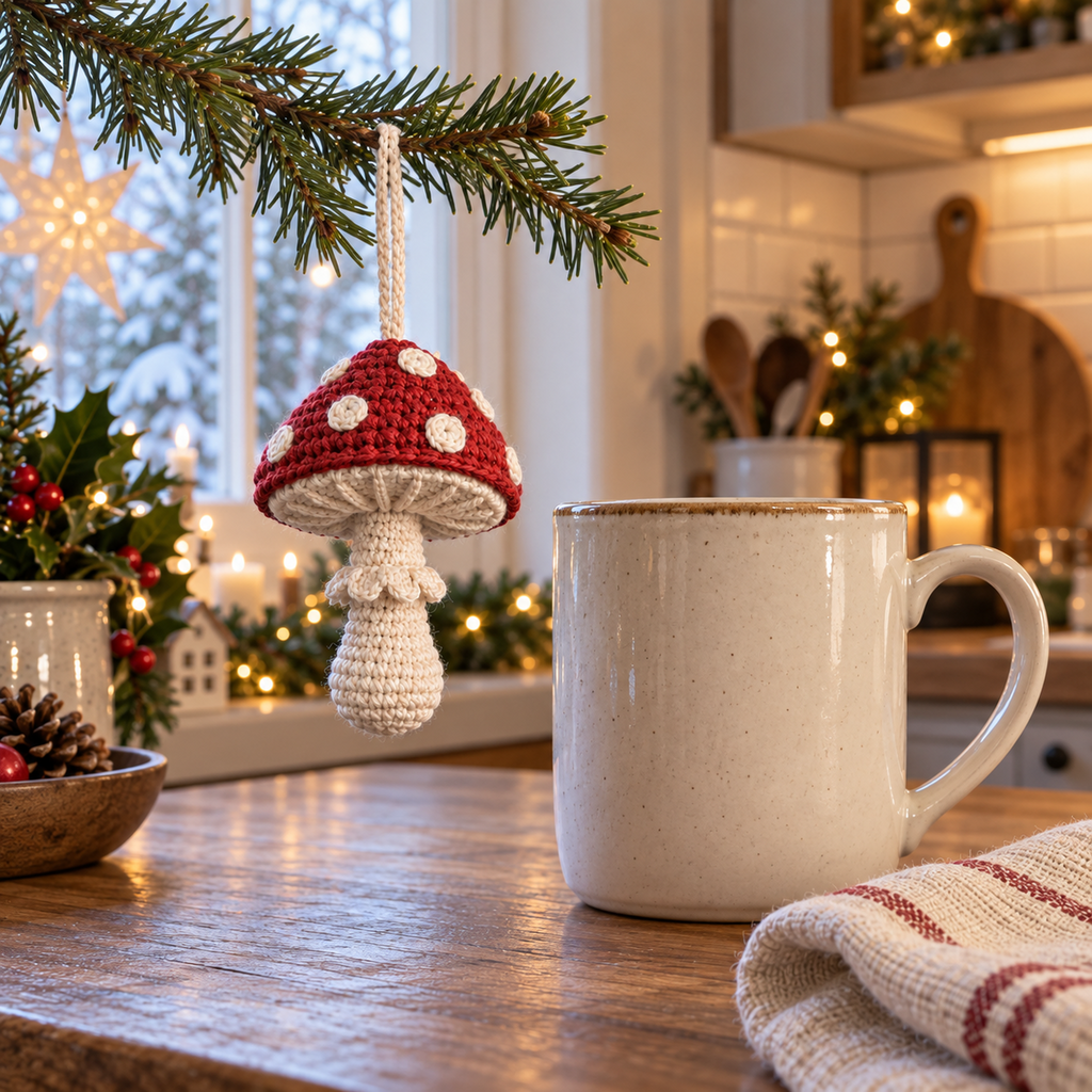 A deep-red crochet toadstool with cream crochet spots, a ridged underside and a cream stem with a ruffled ring, hanging by its crocheted cap-top loop.