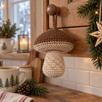 A wide chestnut crochet porcini with a lighter cap rim and a thick pale-beige stem carrying a subtle light-tan surface-crochet net.