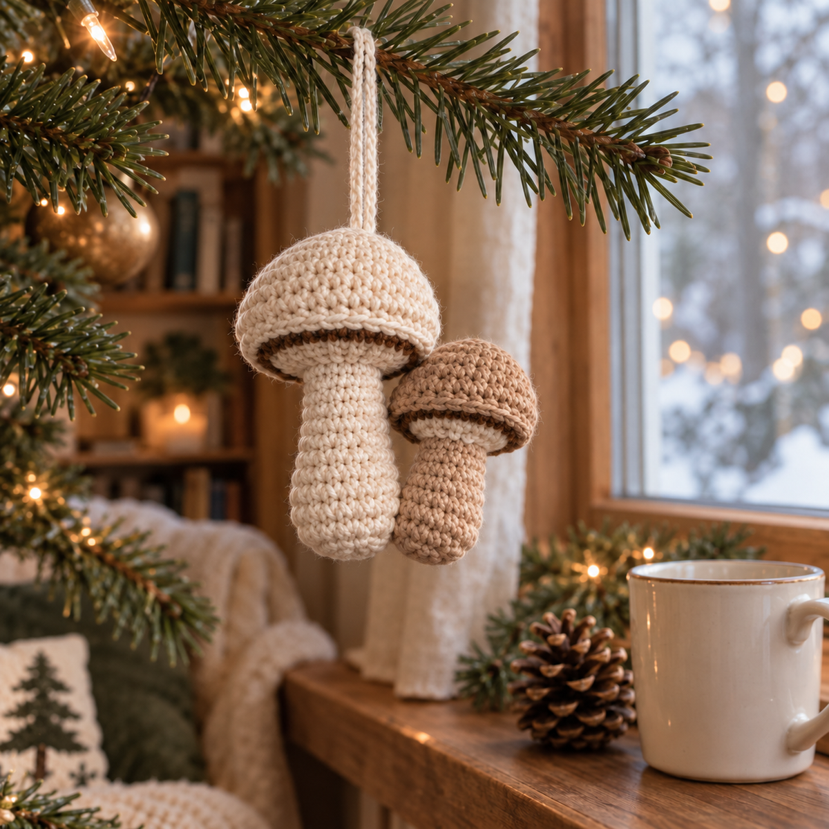 Two small cream-and-tan crochet button mushrooms of different heights joined at the base into one hanging ornament, with darker gill rings.