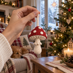 An adult hand holding the crochet loop of a small finished red toadstool ornament, showing its cream spots, ruffled stem ring and rounded base.