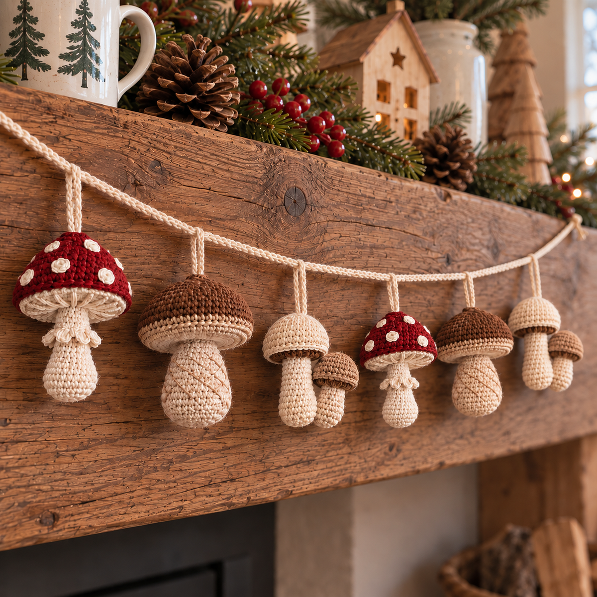 Six crochet mushroom ornaments hanging from an ivory crochet cord along a mantel: red toadstool, brown porcini and joined button pair repeated twice.