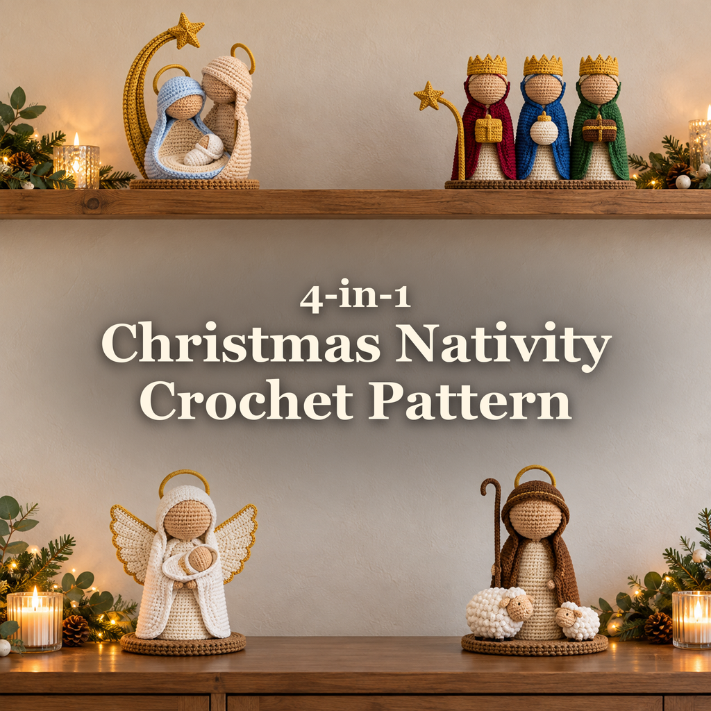 Four crochet Nativity scenes on wooden shelves with the title 4-in-1 Christmas Nativity Crochet Pattern.