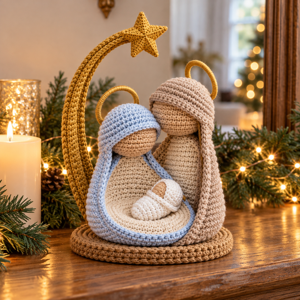 Pale blue Mary cradles a swaddled baby in her lap beside Joseph under a gold star arch on a Christmas mantel.