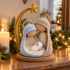 Pale blue Mary cradles a swaddled baby in her lap beside Joseph under a gold star arch on a Christmas mantel.