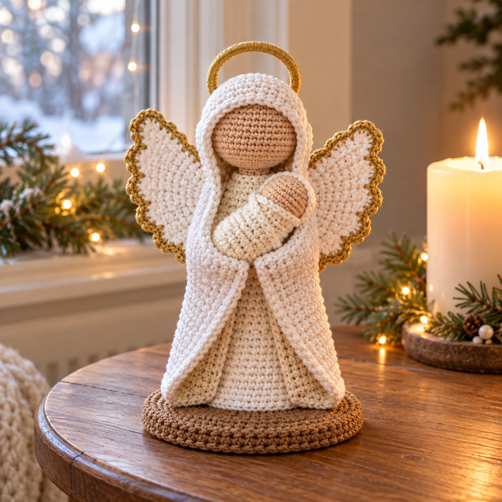 White crochet Guardian Angel with gold-edged wings and a halo holds a swaddled baby beside a candle and winter window.