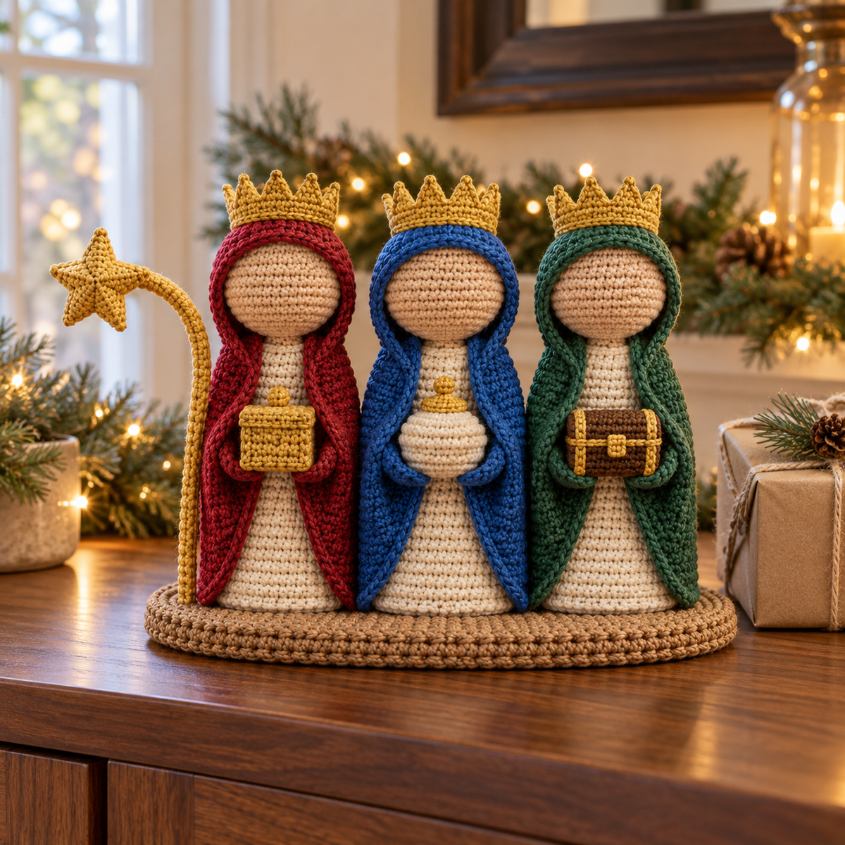 Three crowned crochet Wise Men in red, royal blue and green carry gifts beside a small star, wrapped present and pine sprig.