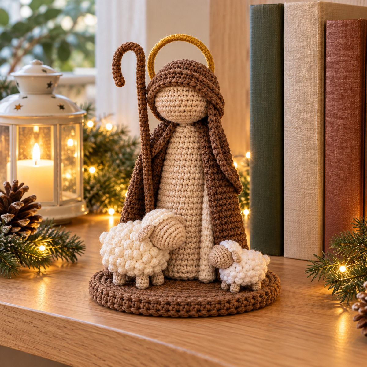 Brown and oatmeal crochet Shepherd with a gold halo, hooked crook and two small lambs on a bookshelf beside books and a lantern.