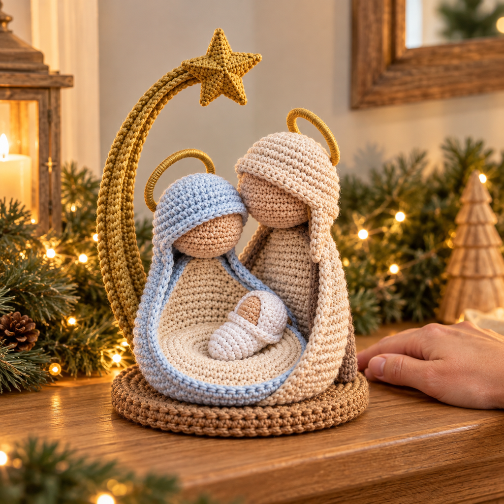 Close detail of Mary, the swaddled baby in her lap and the two adult halos, with an adult hand resting nearby for scale.