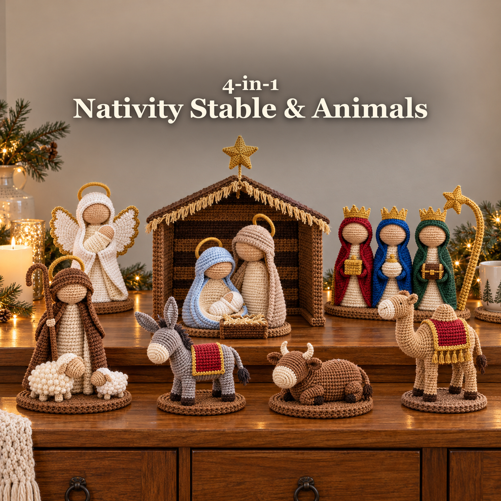 4-in-1 Nativity Stable & Animals title above a crocheted Christmas Nativity display.