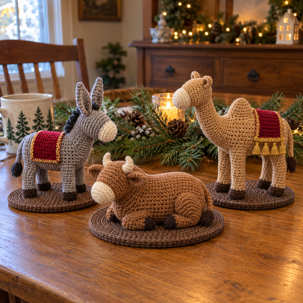 Grey donkey with a red saddle, resting brown ox and tan one-hump camel with a burgundy saddle on round crochet bases.