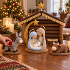 An adult hand places a grey crochet donkey beside a stable, the companion Holy Family with its gold star arch and a resting brown ox.
