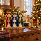 Tan crochet camel with a burgundy and gold saddle beside the companion Three Wise Men near a lit Christmas tree.