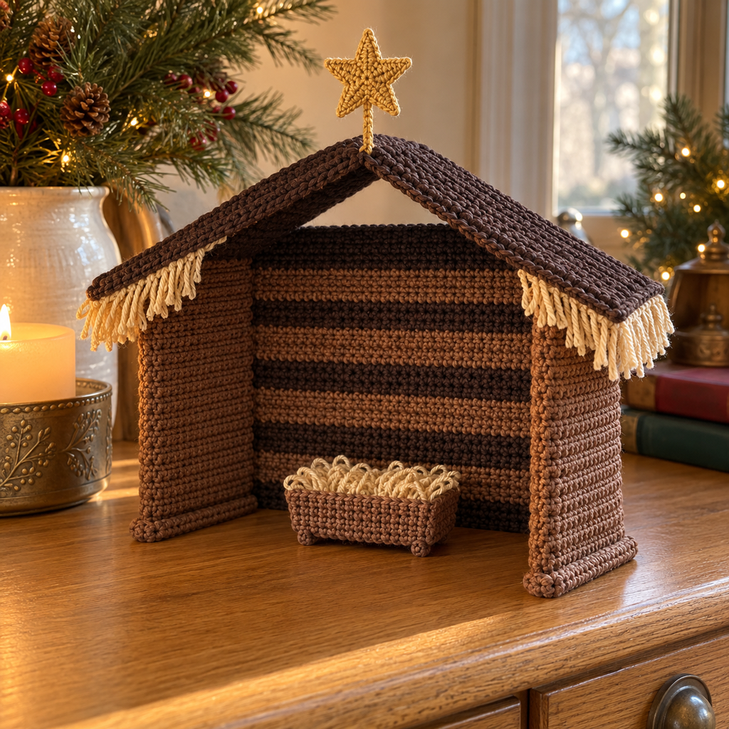Angled view of the stable’s crocheted wall stripes, dark brown roof, yarn fringe, gold star and small brown manger.
