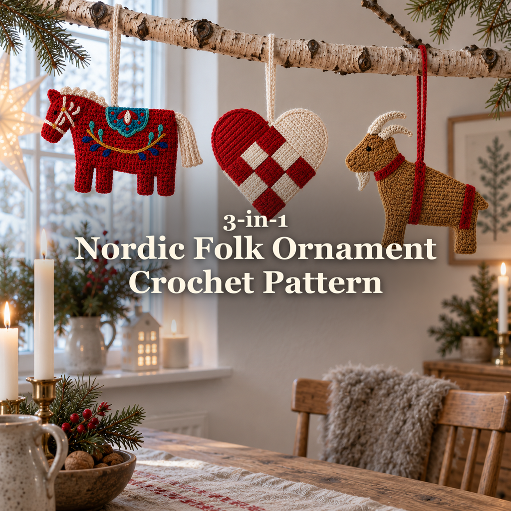 Red Dala horse, red-and-ivory woven heart and straw-coloured Yule goat crochet ornaments hanging from a birch branch in a white Christmas room with candles and greenery.