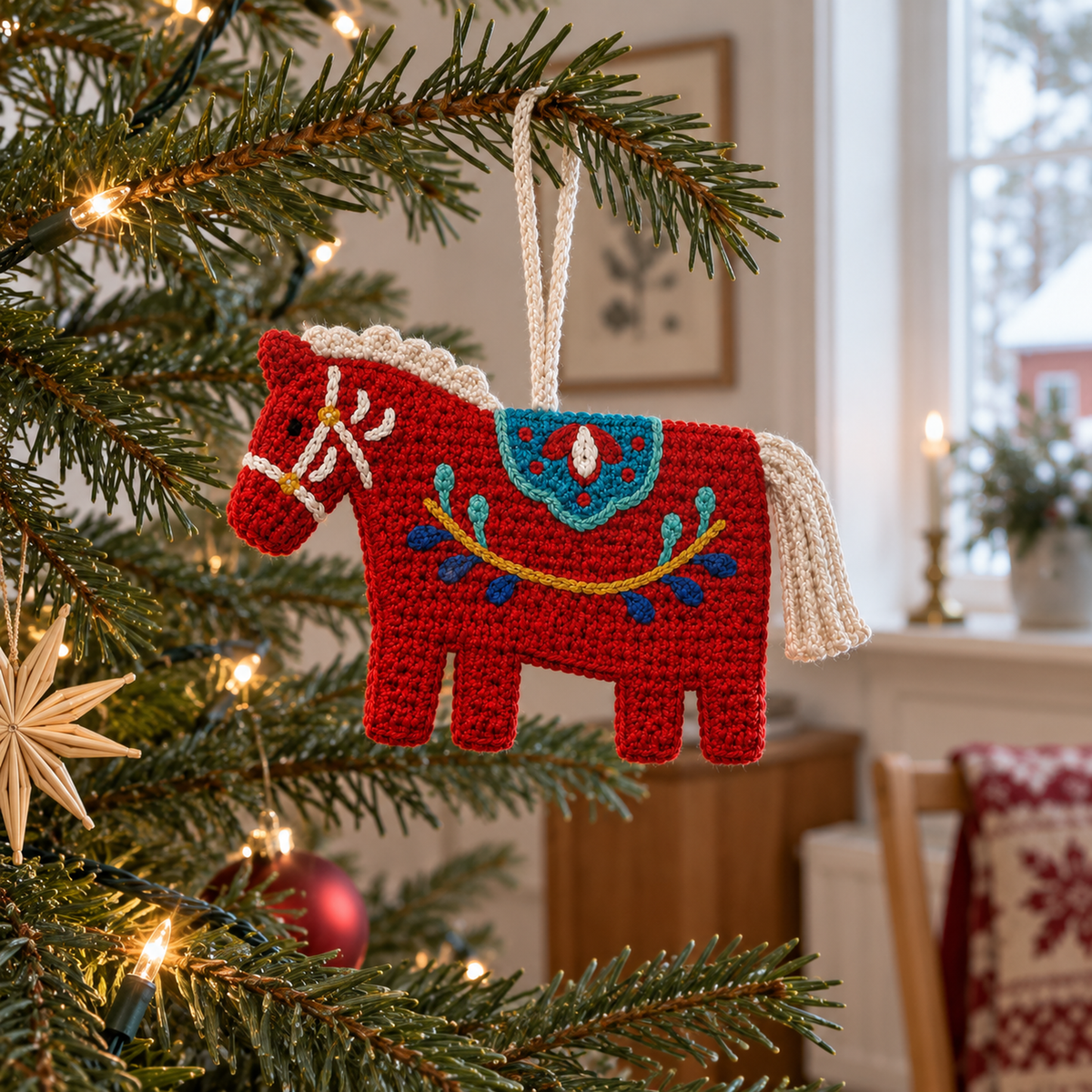 Red Dala horse crochet ornament with a cream mane and tail and colourful folk embroidery hanging on a lit Christmas tree.