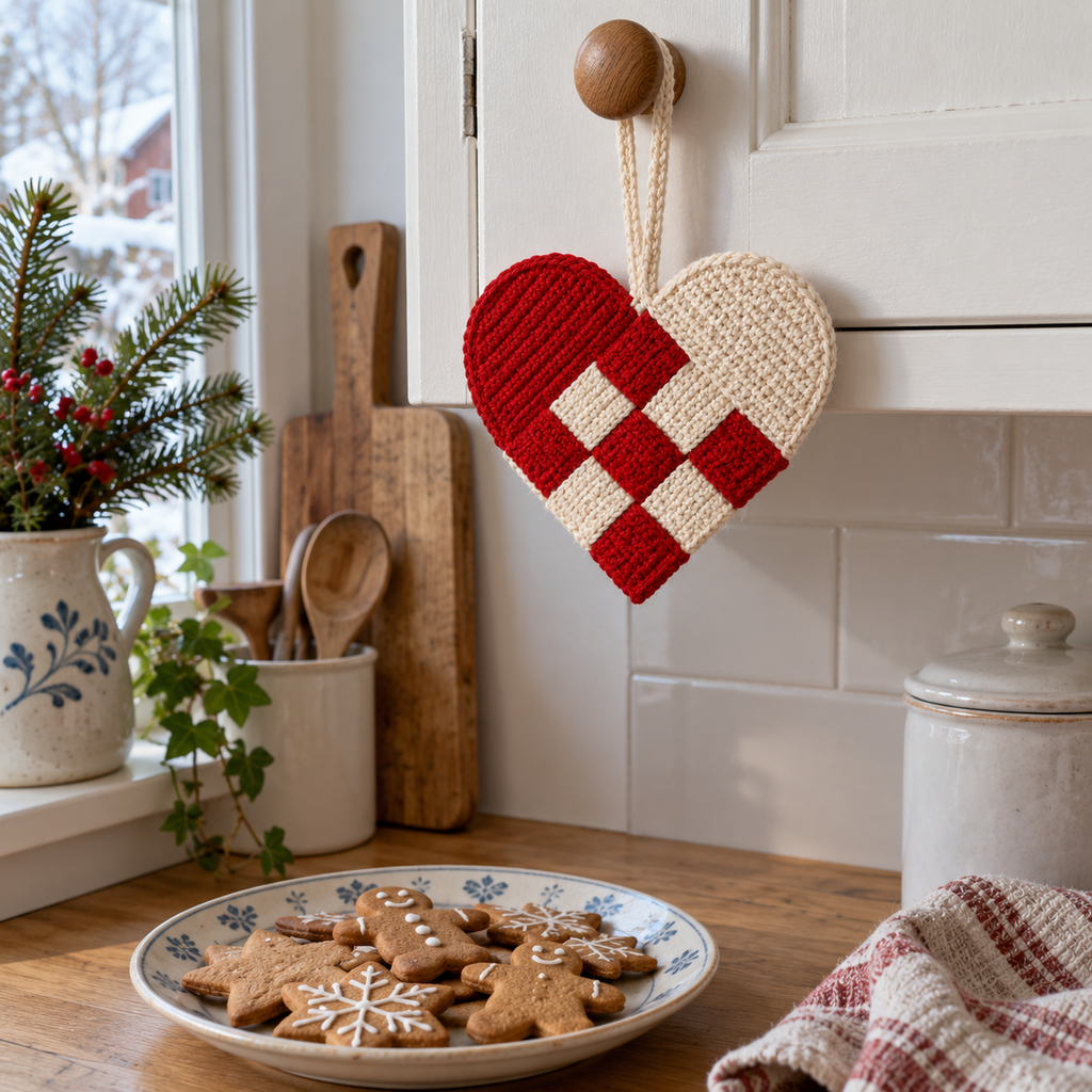 Red-and-ivory woven crochet heart hanging from a kitchen cabinet knob above a plate of gingerbread biscuits.