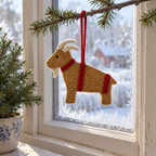 Straw-coloured Yule goat crochet ornament with cream horns and red bands hanging in a frosty window.