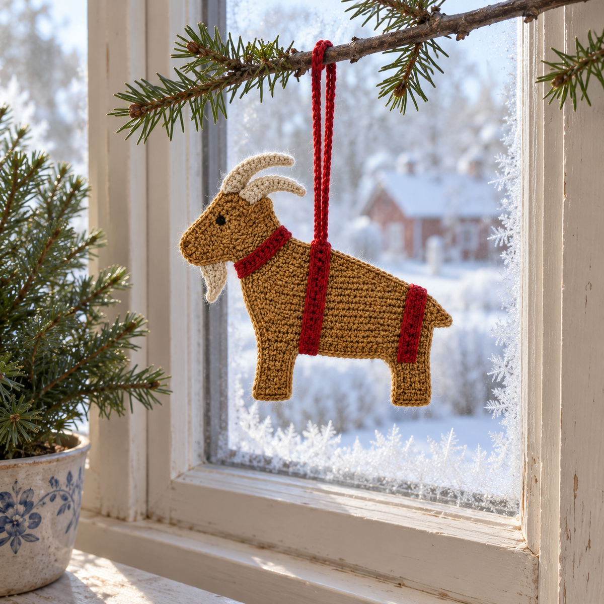 Straw-coloured Yule goat crochet ornament with cream horns and red bands hanging in a frosty window.
