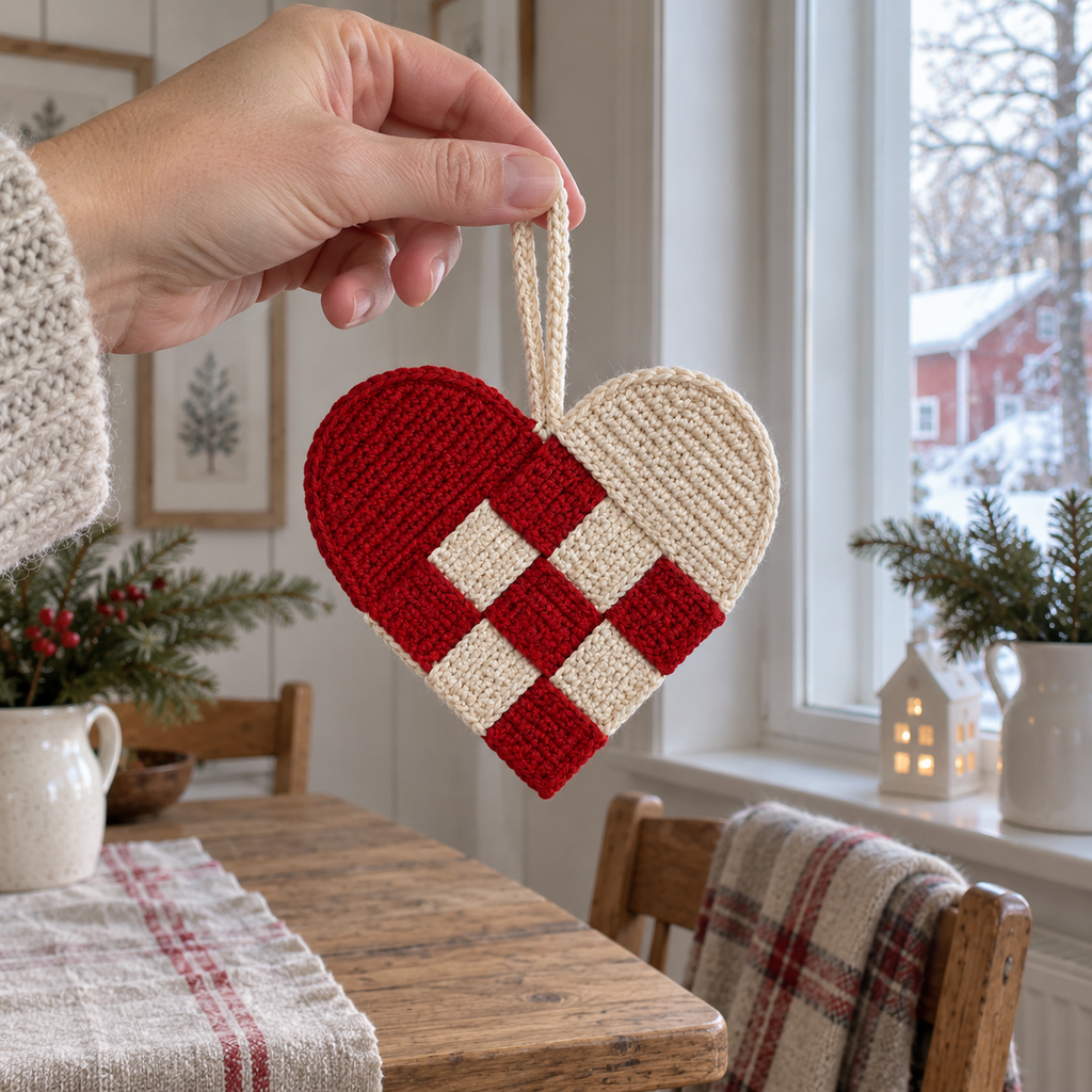 An adult hand holding a red-and-ivory woven crochet heart by its cream hanging loop.