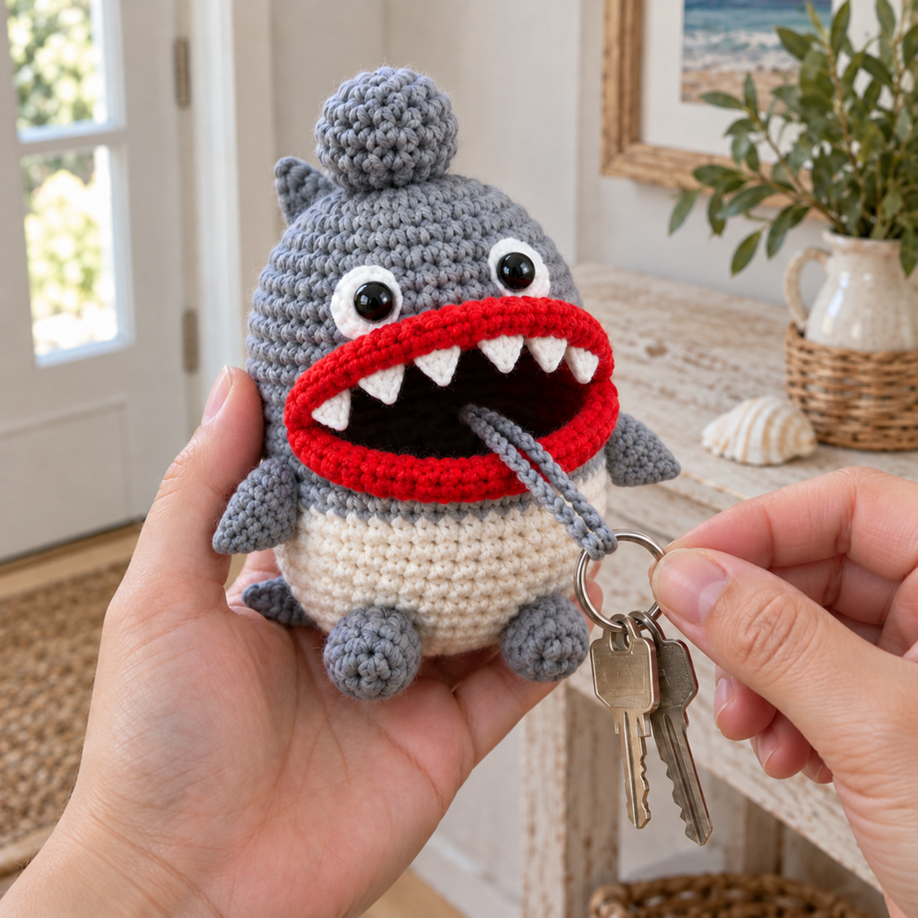 Adult hands hold a grey and white Shark crochet key pouch and pull two keys from its red rolled mouth while the grey ball rests on its head.