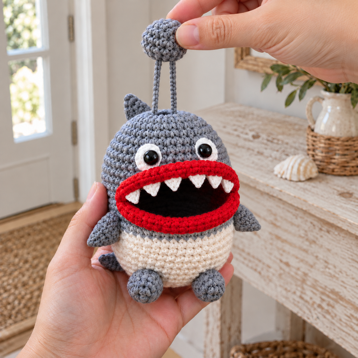 The same Shark crochet key pouch rests in an adult hand while the other hand lifts its grey ball on two chain strands and the keys are hidden inside.