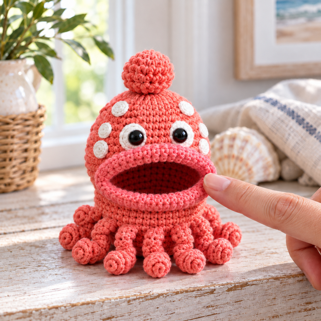 A fingertip touches the rolled coral lip of an Octopus crochet key pouch with six white head spots and eight curly tentacles.