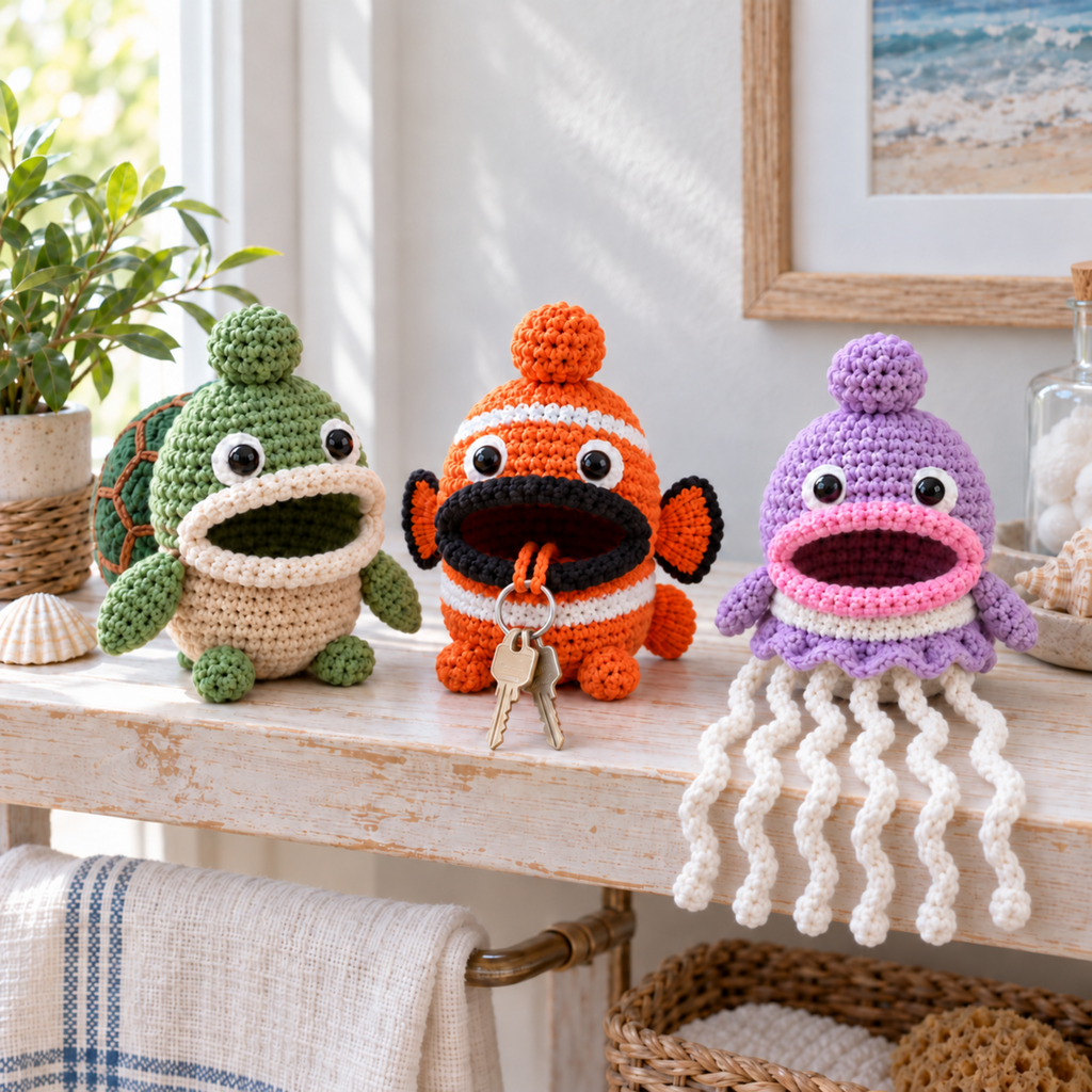 Sea Turtle, Clownfish and Jellyfish crochet key pouches on a sunny bathroom shelf, with two keys outside Clownfish and six white Jellyfish tentacles over the shelf edge.
