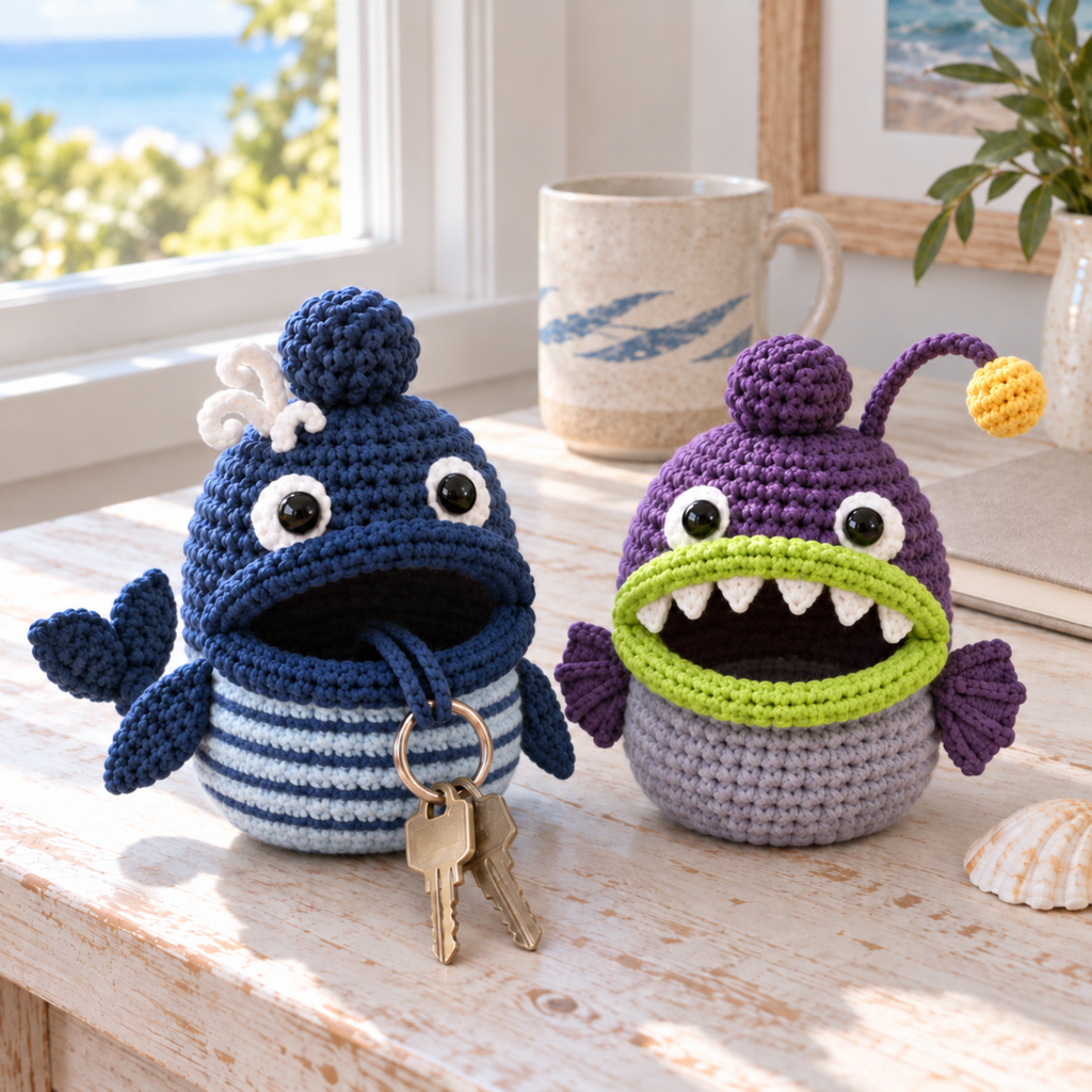 Whale and Anglerfish crochet key pouches beside a mug and notebook, with navy horizontal rings around Whale’s pale blue belly, two keys outside its mouth and a yellow bobble on Anglerfish’s curved purple lure.