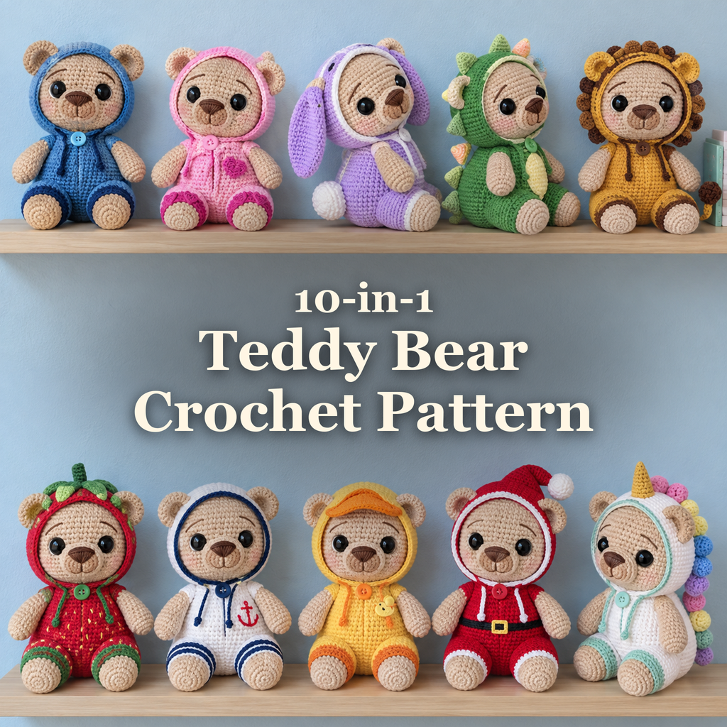 10-in-1 Teddy Bear Crochet Pattern, with ten crochet bears on two wooden nursery shelves.