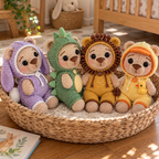 Bunny, dinosaur, lion and duckling crochet teddy bears sit together in a woven nursery toy basket.