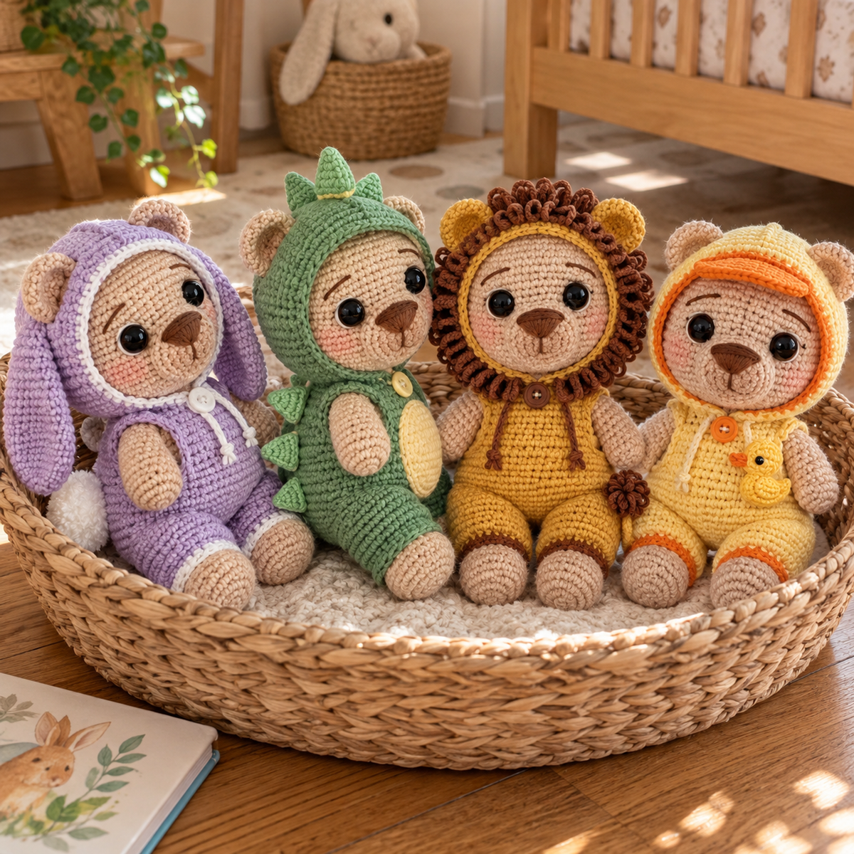 Bunny, dinosaur, lion and duckling crochet teddy bears sit together in a woven nursery toy basket.