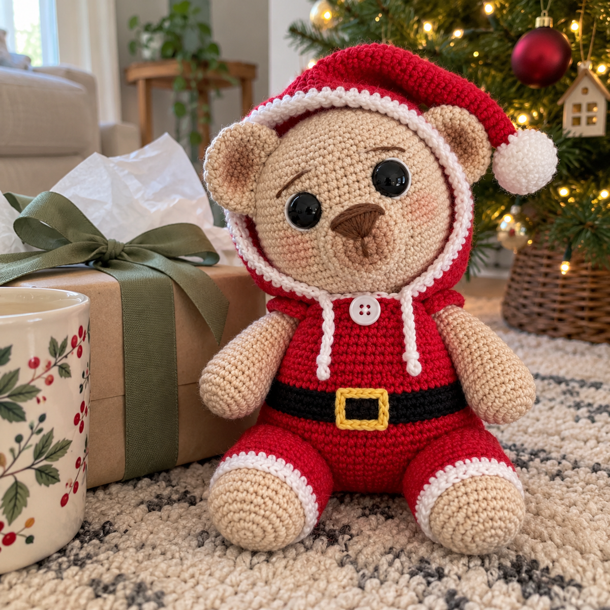 A Santa crochet teddy bear sits beside a wrapped gift and tissue paper near a Christmas tree.